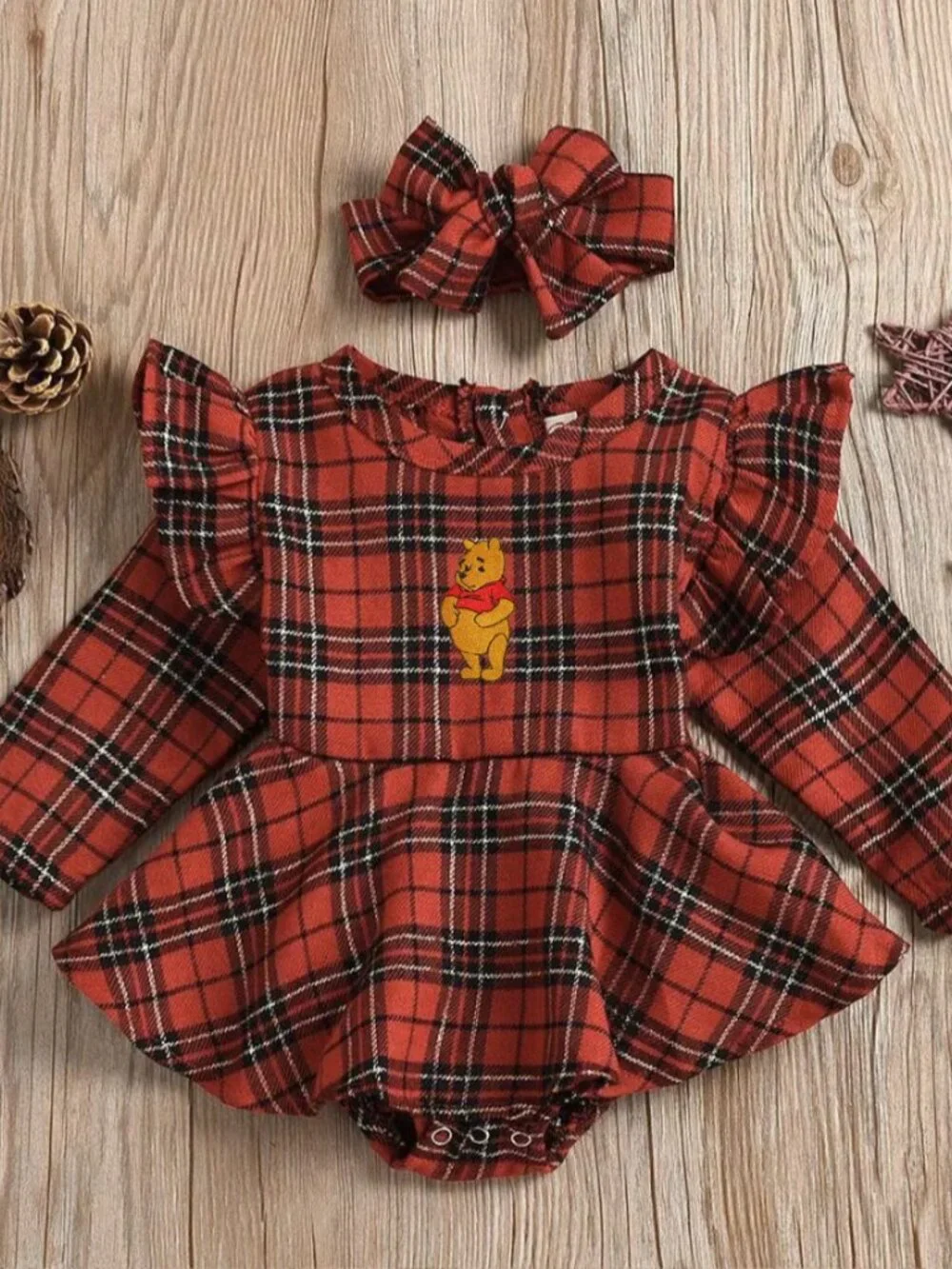 Plaid Tartan Christmas Girl Outfit Clothes Dress Romper Winnie the Pooh Dress